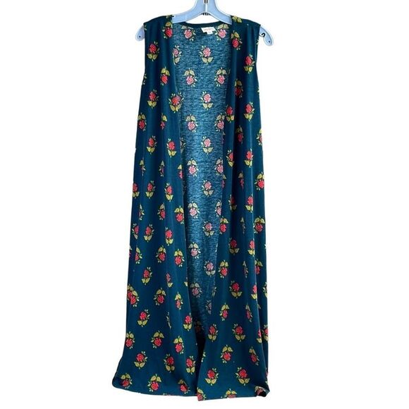 LULAROE Ladies Open Front Sleeveless Floral Duster Cardigan Blue Red Size Med - Picture 1 of 9